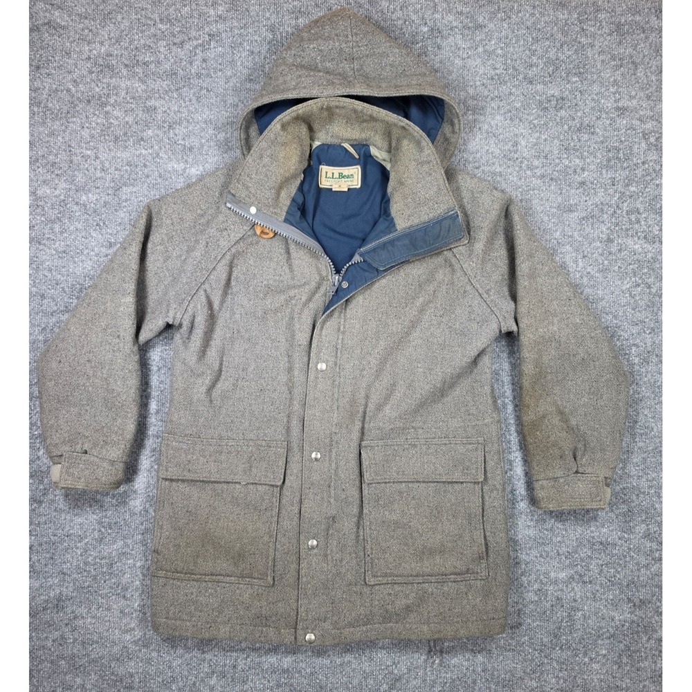 Vintage 80s LL Bean Wool Hooded Parka Mens Medium Gray Made in USA Lined Coat